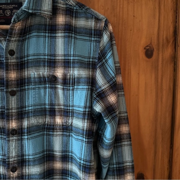 American Eagle Plaid Button Down Shirt Turquoise Blue Black 100% Cotton - XS - Picture 8 of 10